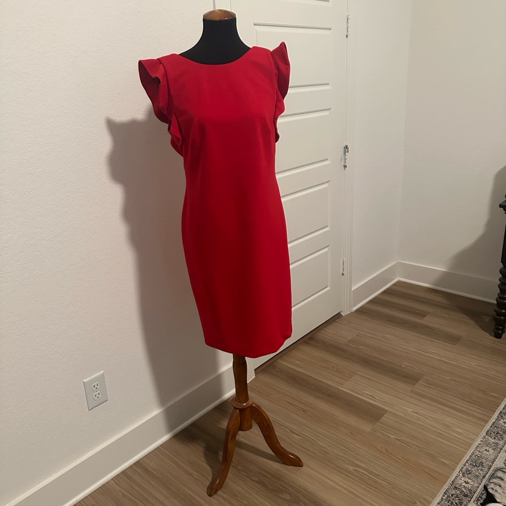 Calvin Klein Collection Red Mini Dress with Ruffle Sleeves - Picture 6 of 10